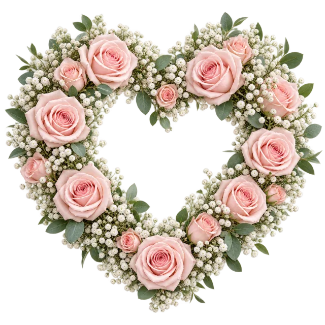 Pink roses and white flowers form a heart-shaped wreath