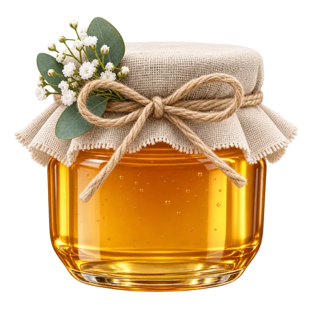 A small honey jar has a cloth cover tied with twine