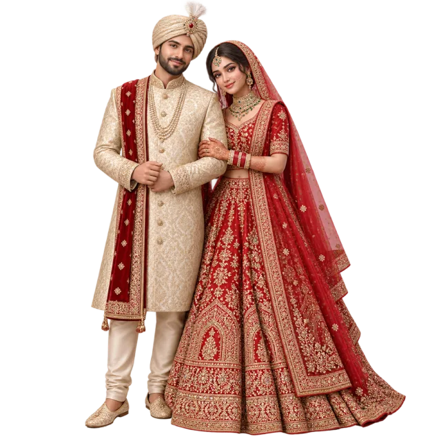 An illustrated wedding couple wears ornate cream and red clothing