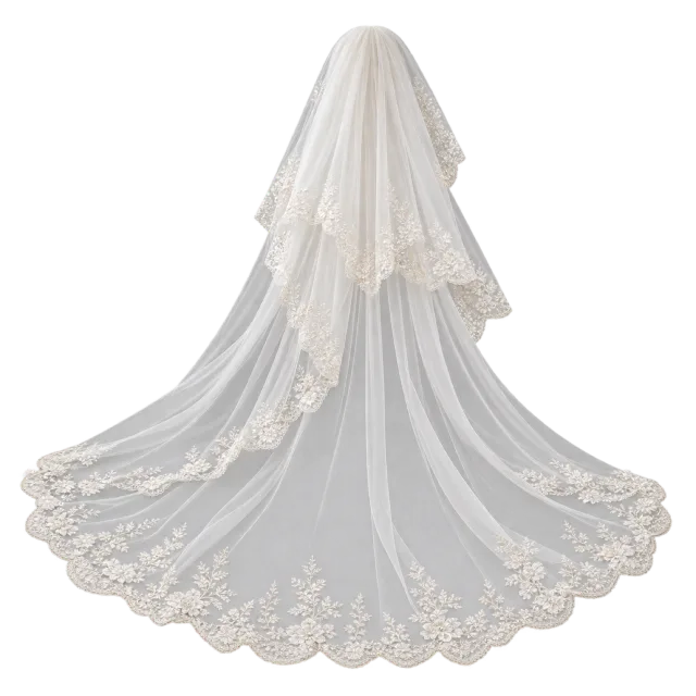 A long white veil spreads into a lace-edged train