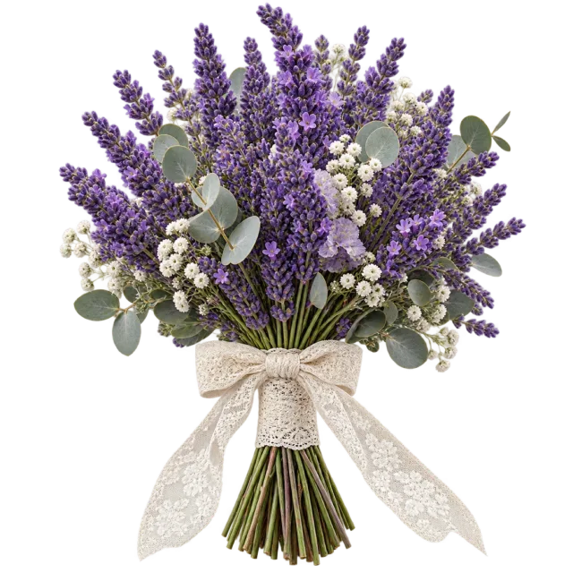 Purple lavender and pale flowers form a ribbon-tied bouquet
