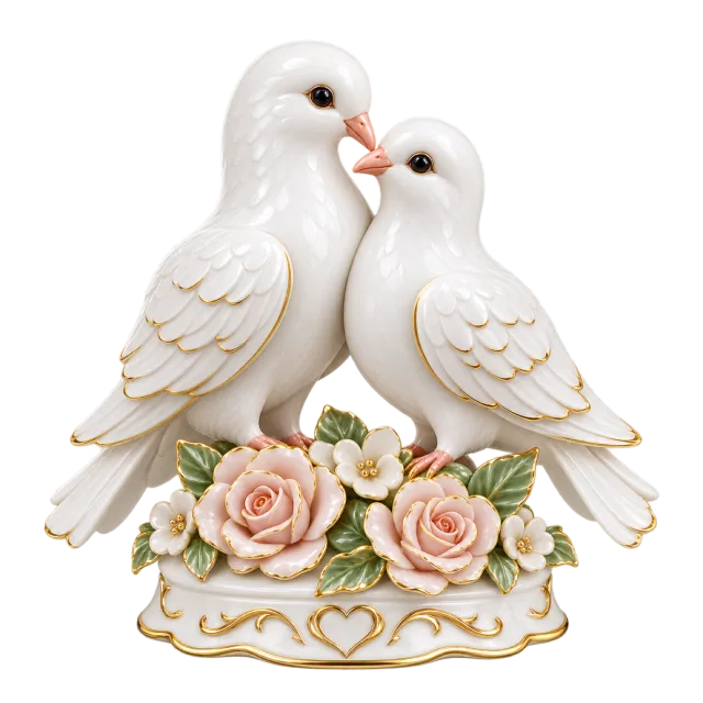 Two white bird figurines stand above pink roses