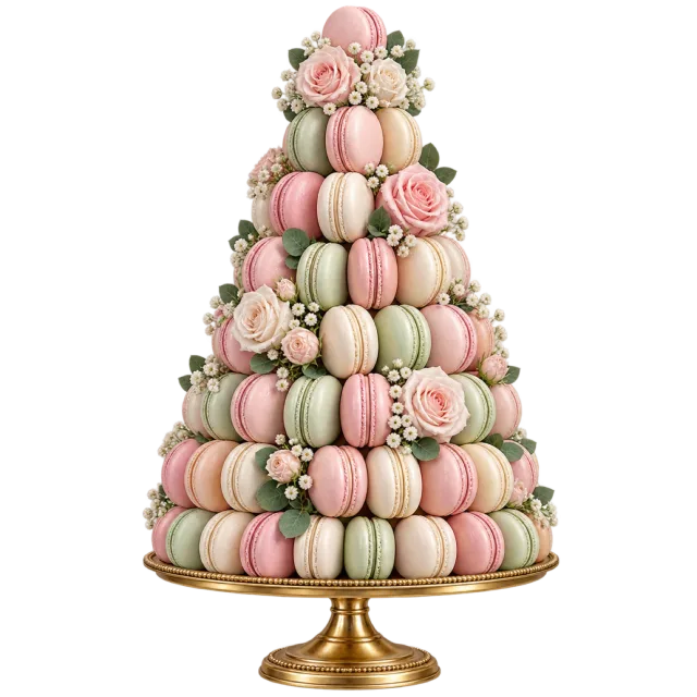 A tall tower of pastel macarons is decorated with pink roses