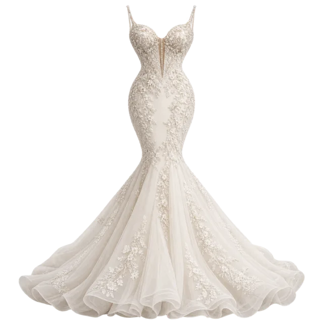 A fitted ivory gown flares into a lace train