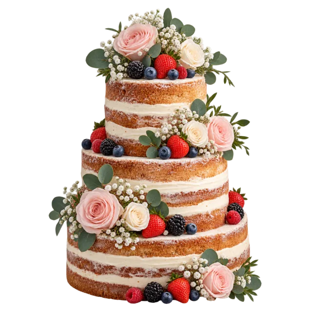 A layered cake shows exposed sponge, berries and pink roses