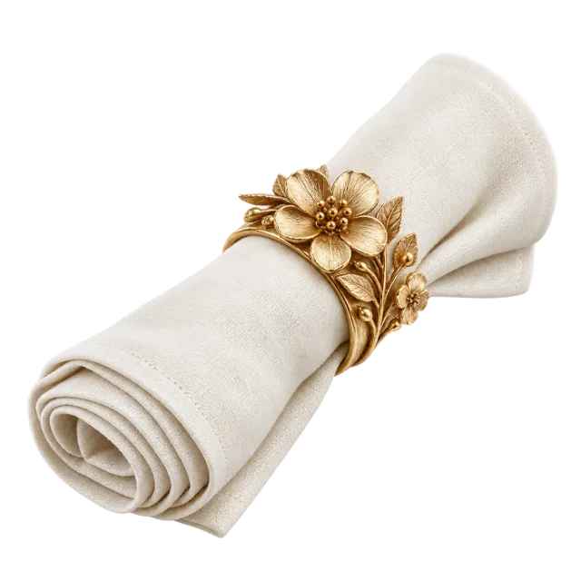 A rolled cream napkin is held by a gold-colored floral ring