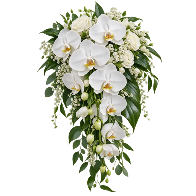 White orchids cascade among green leaves
