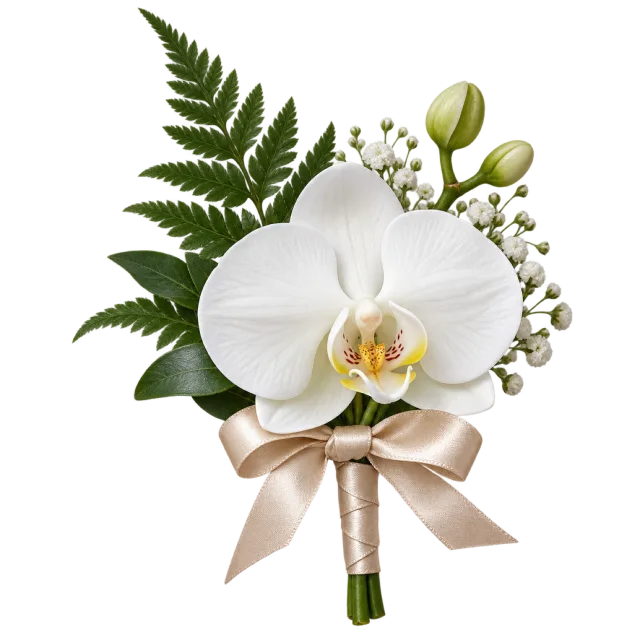 A white orchid boutonniere has a pale bow and fern leaf