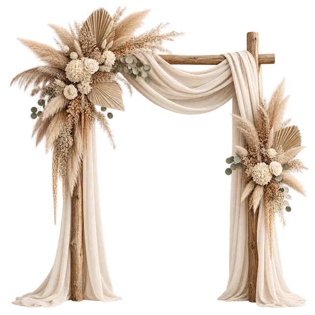 A wooden wedding arch is draped in cream fabric and dried flowers