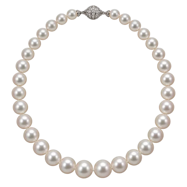 A pearl-like necklace has a small silver-colored clasp