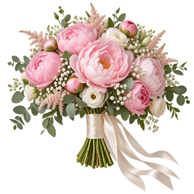 Pink peonies and green foliage form a bouquet with trailing ribbon