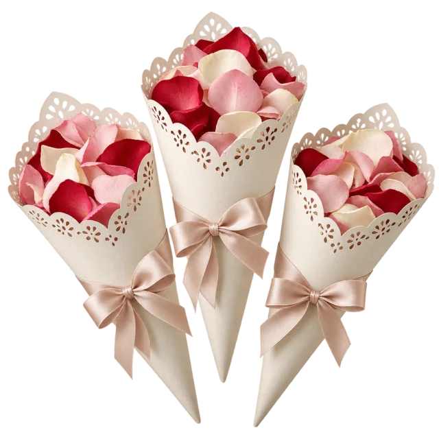 Cream paper cones hold red and pink petals