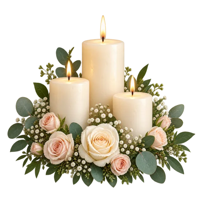 Three pillar candles sit among pale roses and greenery