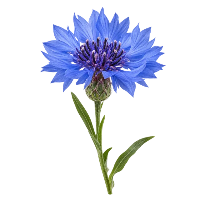 Blue cornflower with fine pointed petals, a dark center and a leafy stem on a transparent background