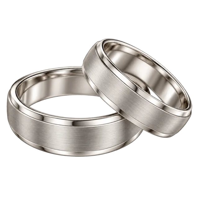 Two silver-colored wedding bands overlap