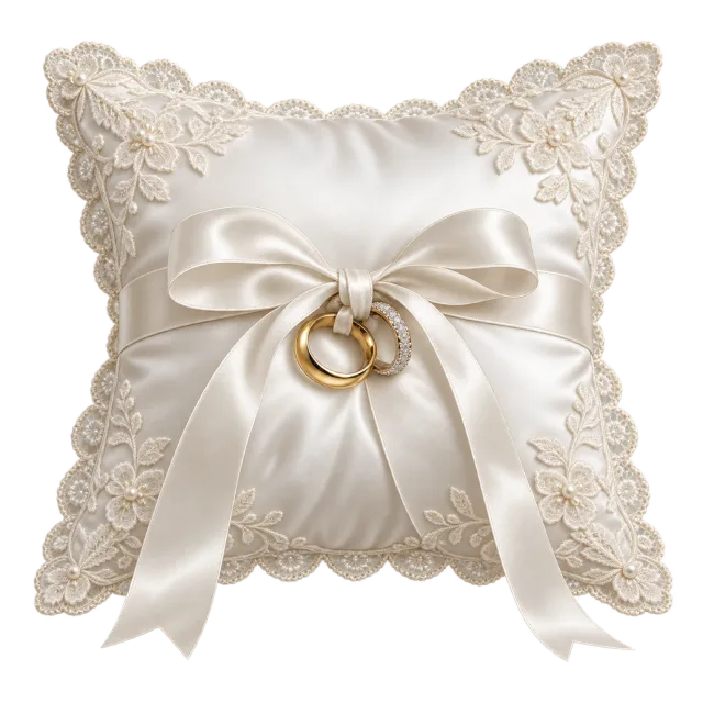 An ivory lace-edged ring pillow has a bow and two rings