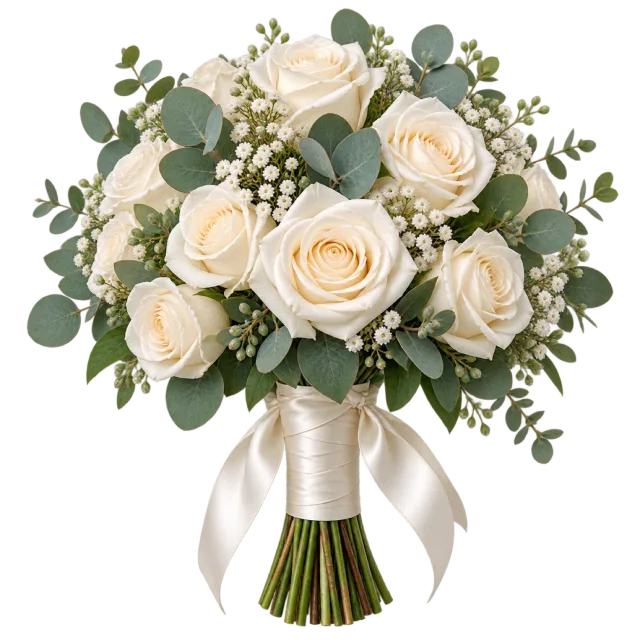 White roses and eucalyptus-like leaves form a ribbon-tied bouquet