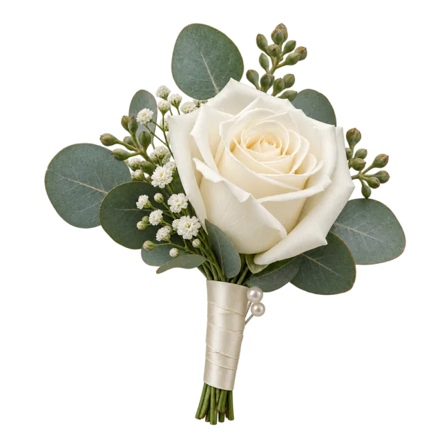 A single white rose boutonniere has green leaves and a wrapped stem