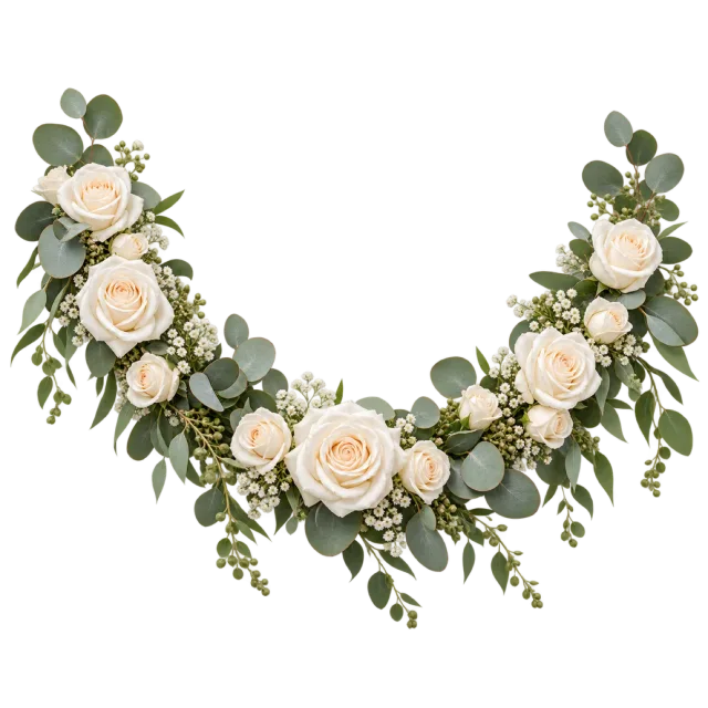 A curved garland combines pale roses and green foliage