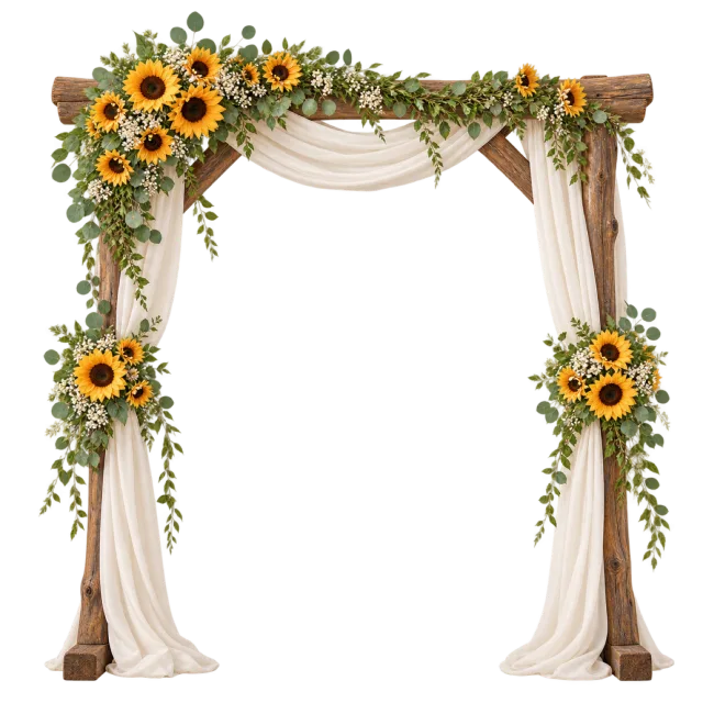 A rustic wooden arbor has sunflowers, greenery and cream drapes