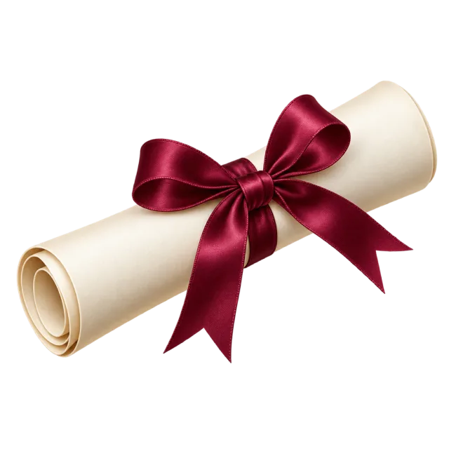 A cream scroll is tied with a burgundy bow