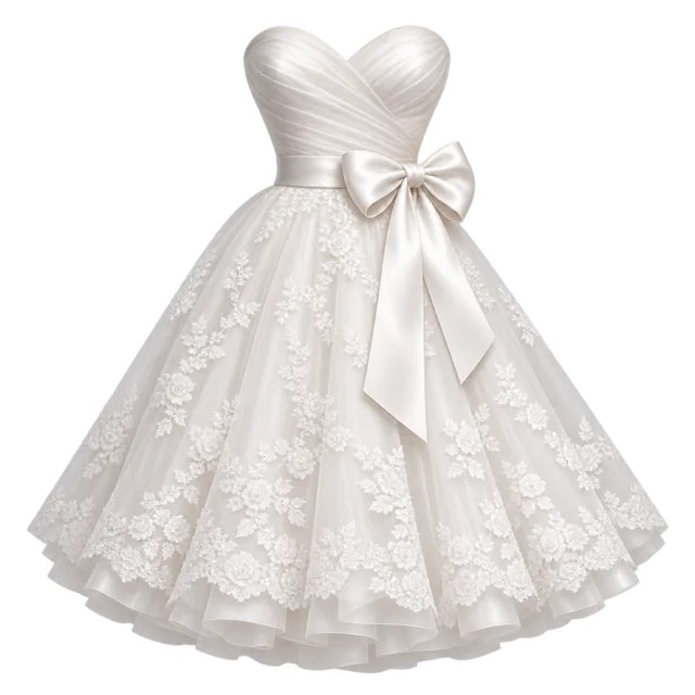 A short ivory wedding dress has a full lace skirt and waist bow