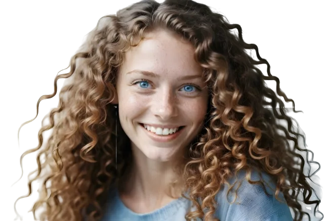 Smiling girl with voluminous brown curls wearing a light blue denim shirt on a transparent background