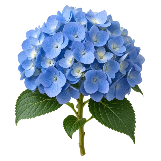 Rounded cluster of blue hydrangea blossoms above textured green leaves on a transparent background