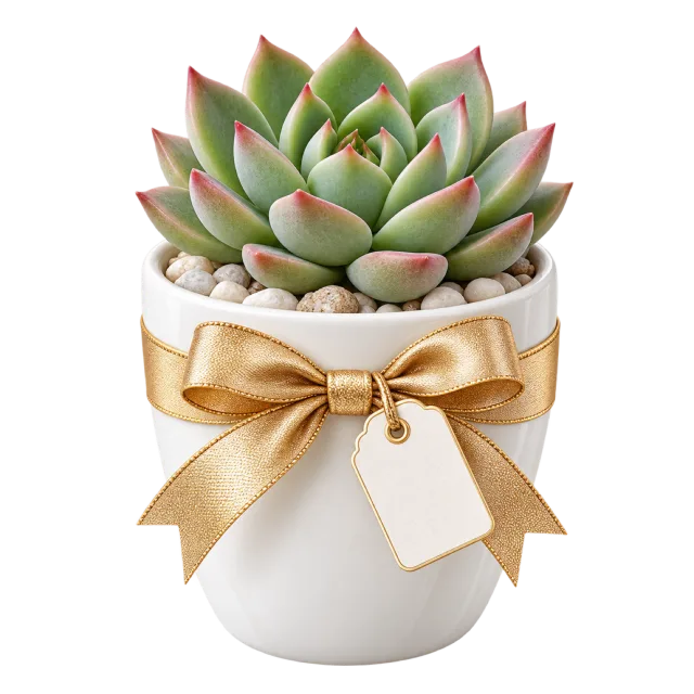 A succulent sits in a white pot tied with a gold-colored bow