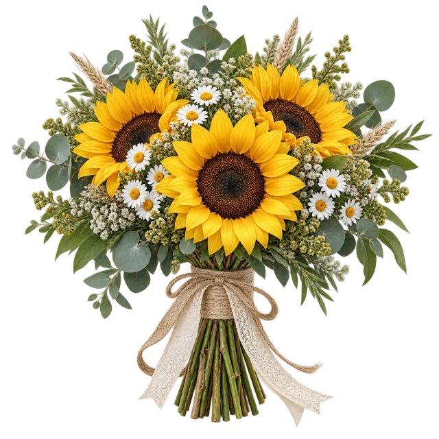 Sunflowers and small white flowers form a hand-tied bouquet