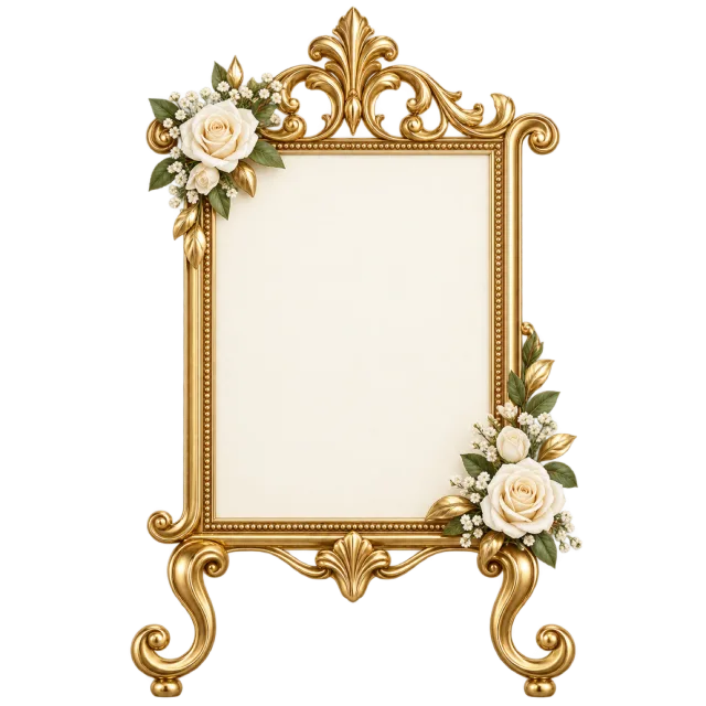 An ornate gold-colored tabletop frame has a blank center and pale flowers