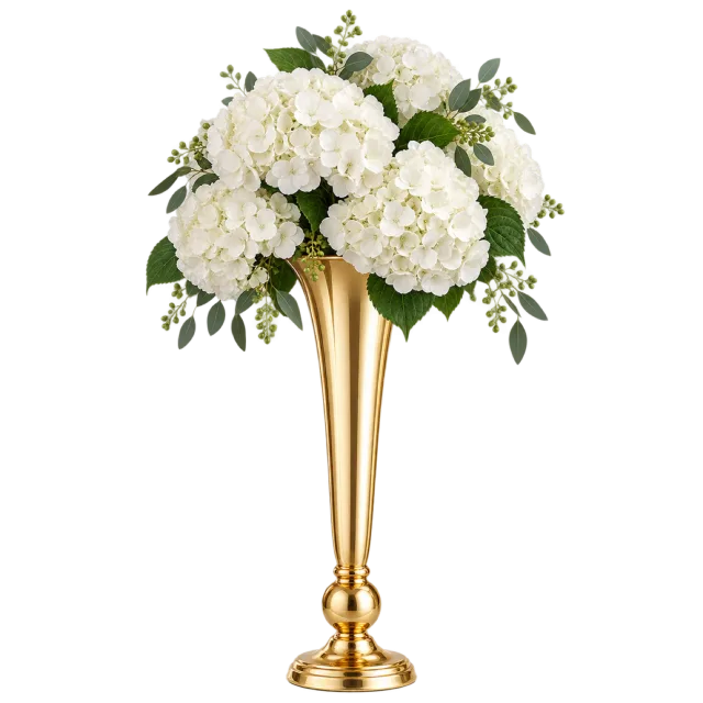 White flowers sit above a tall gold-colored centerpiece stand