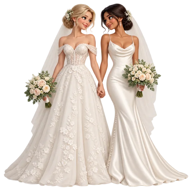Two illustrated brides in ivory gowns stand together holding bouquets