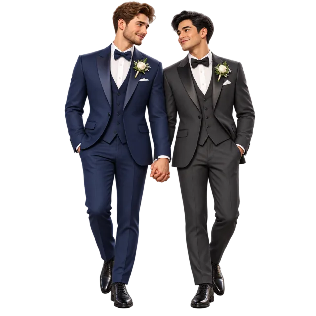 Two illustrated grooms in dark suits stand together