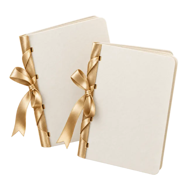 Two cream vow books are tied with gold-colored ribbons