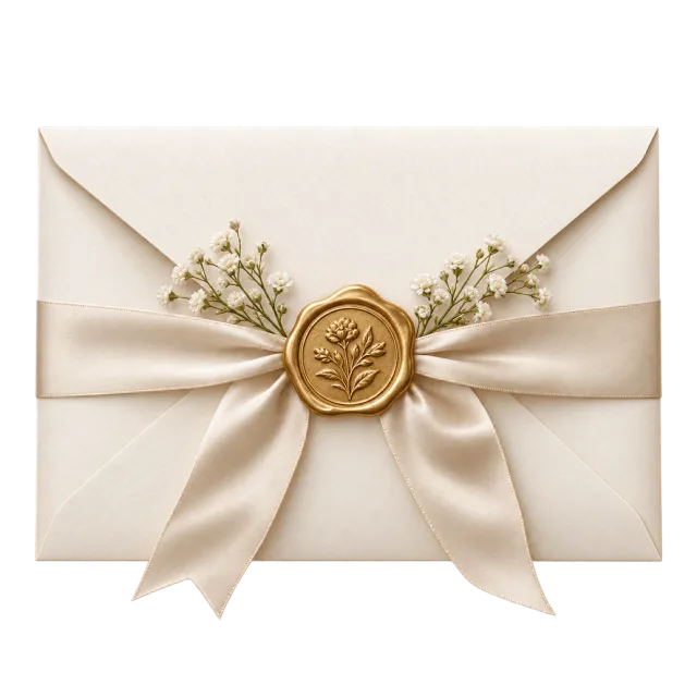 A cream envelope has a ribbon, wax-style seal and small flowers