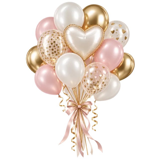Pink, white and gold-colored balloons include a heart-shaped balloon