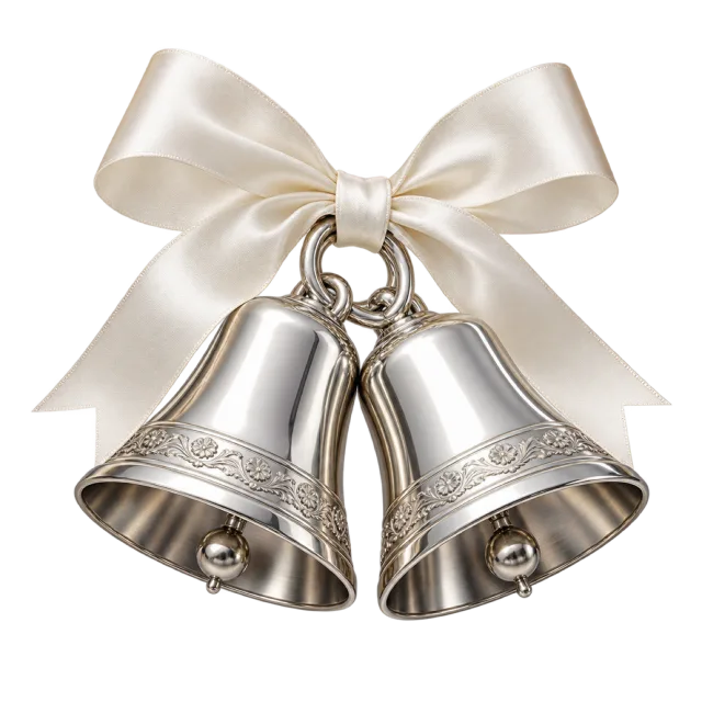 Two silver-colored wedding bells hang beneath an ivory bow