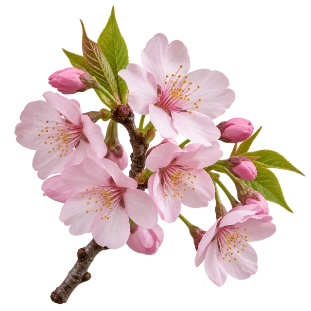 Branch of pale pink cherry blossoms with small buds and fresh green leaves on a transparent background