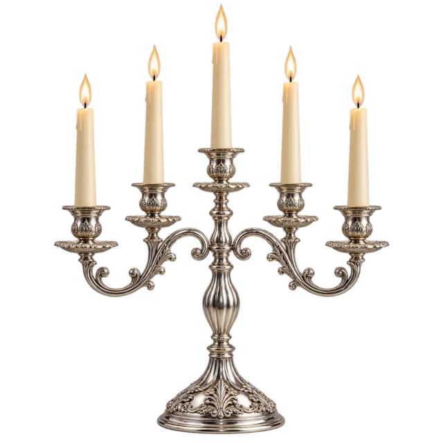 A silver-colored candelabra holds five lit candles