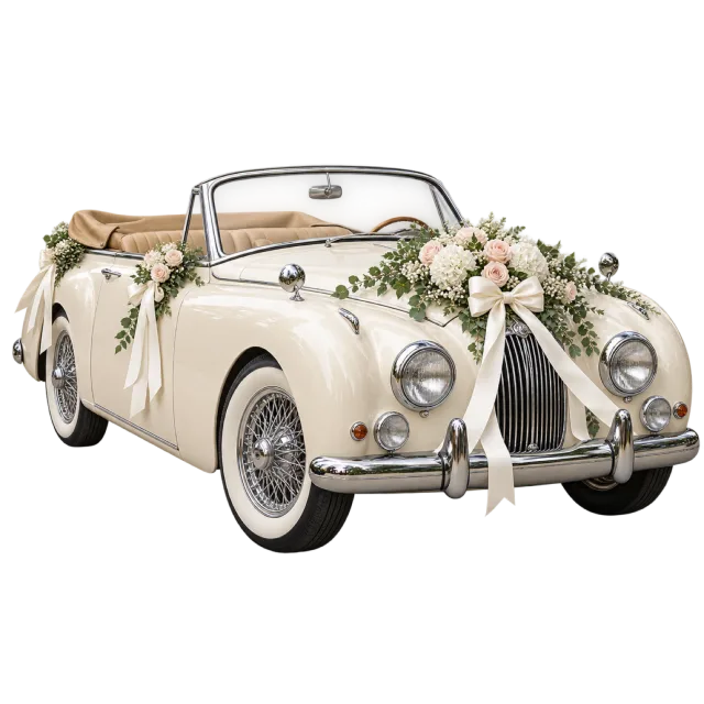 A cream vintage convertible is decorated with wedding flowers