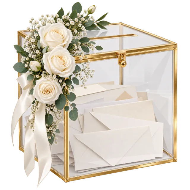 A transparent card box has a gold-colored frame and white roses