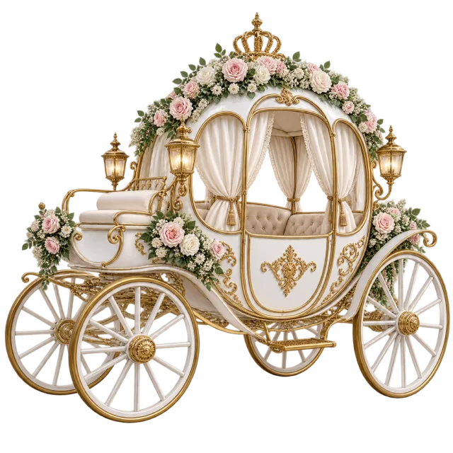 An ornate white and gold-colored carriage has pink floral decorations