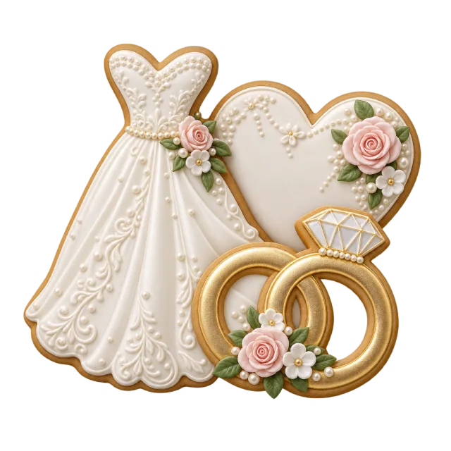 Wedding cookies depict a dress, heart and interlocking rings
