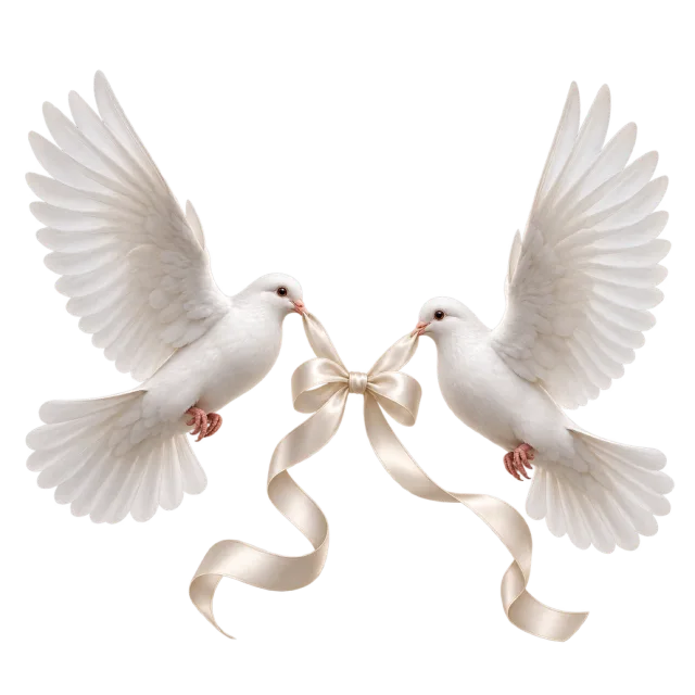 Two white doves face each other while holding a pale ribbon