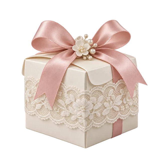A cream lace-decorated favor box has a large pink bow