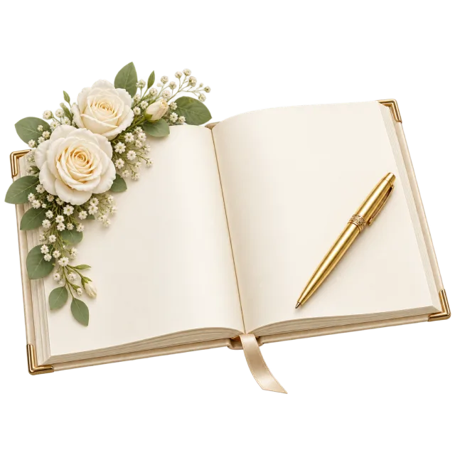 An open guestbook has a gold-colored pen and white roses