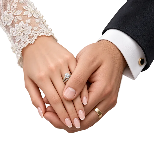 Two hands wearing wedding bands are gently joined