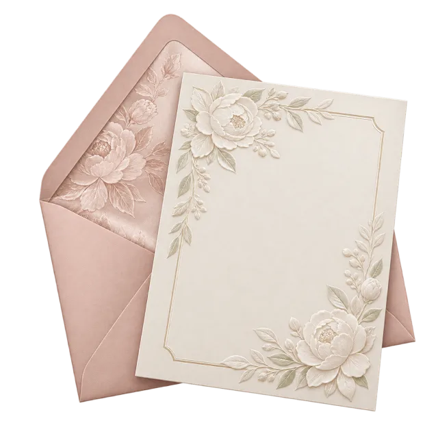 An ivory floral invitation sits over a pink envelope