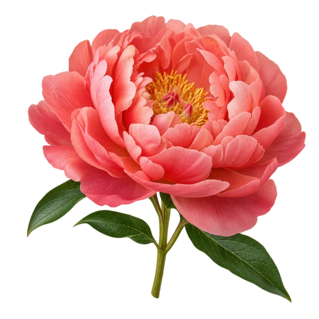 Open coral peony with layered petals, yellow stamens and green leaves on a transparent background